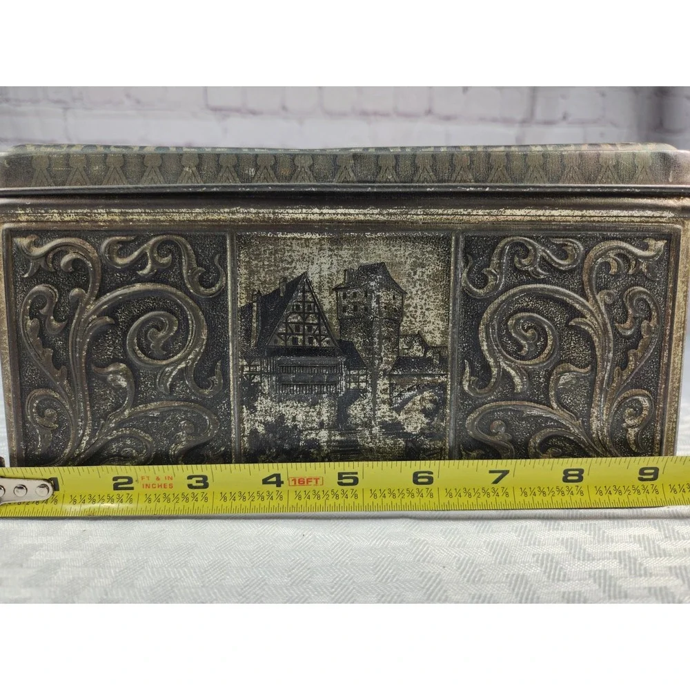 Vintage German Silver Tin Biscuit Box Knight Jousting Castles Horse History